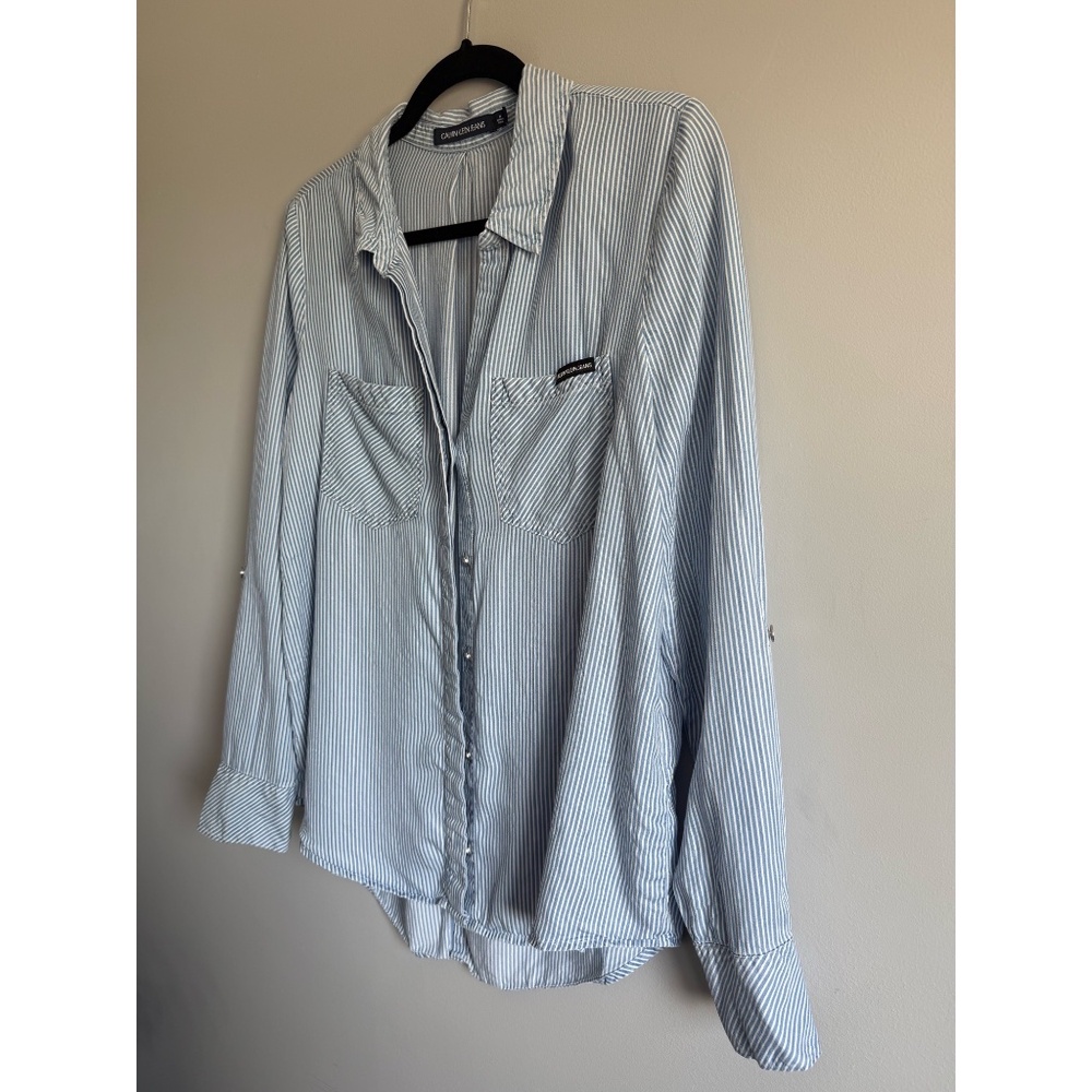 Calvin Klein Blue & White Striped Button Up Shirt